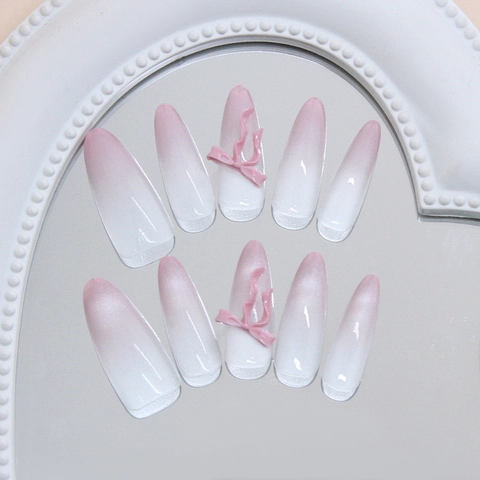 Unghie Finte Artigianali ABS Forma Mandorla Lunga Sfumatura Rosa Bianco Occhio Di Gatto Fiocco 3D Rimovibile Dolce Per Donne