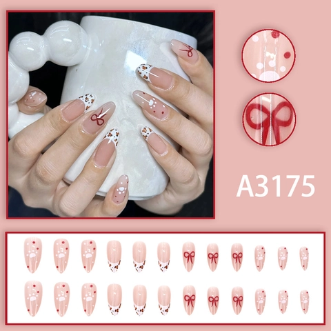Press On Nails Almond Shape Glossy Leopard Print Bow Plaid French Blush Pink Artificial False Nail Tips For Women