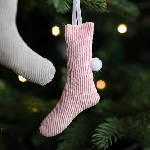 Mini Calza Di Natale Ornamenti Appesi Maglia Velluto A Coste Con Pompon Decorazione Albero Di Natale Piccolo