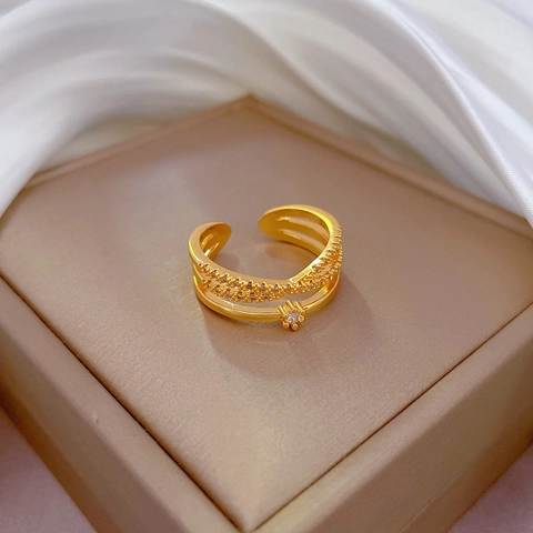 Layered Criss Cross Open Ring Gold Plated Alloy With Cubic Zirconia Adjustable Minimalist Luxury Jewelry For Women