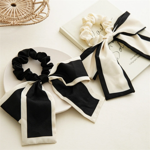 Elegante Satijnen Strik Scrunchies Met Lange Streamer Contrasterende Rand Franse Retro Haarelastiekjes Voor Dames