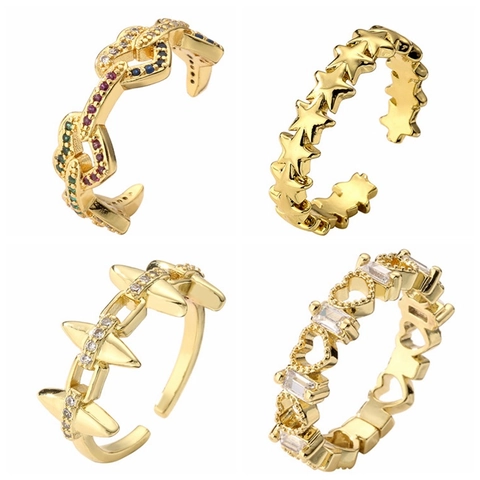 Mode Verstellbare Offene Ringe Kupfer Vergoldet Mikro Eingelegter Zirkon Herz Stern Sternenklare Geometrische Trendige Schmuck