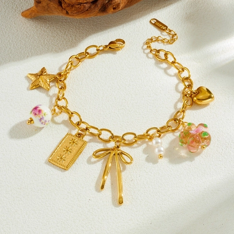 Bracciale Con Ciondoli Acciaio Inossidabile Placcato Oro Künstliche Perle Ceramica Fiocco Stella Cuore Perla Artificial Gioielli Pastorali Per Donna