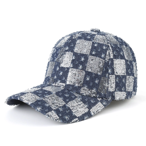 Mode Pailletten Schaakbord Honkbalpet Denim Polyester Verstelbaar Zonbescherming Reishoed Voor Dames Heren