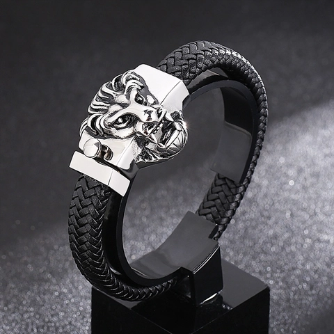 Pulsera De Cuero Trenzado Para Hombre Con Hebilla De Cabeza De León De Acero Inoxidable Estilo Punk Retro