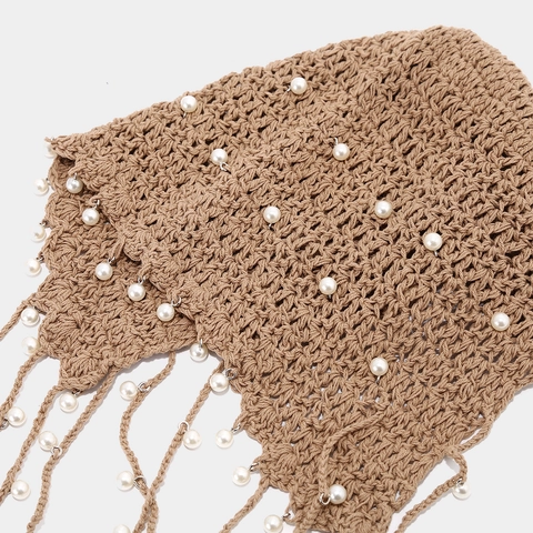 Berretto Uncinetto Cotone Donna Maglia Traforata Con Pendenti Künstliche Perle E Nappine Stile Boho Etnico