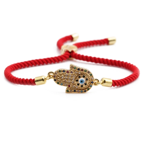 Hamsa Hand Evil Eye Bracelet Copper Gold Plated Cubic Zirconia Adjustable Braided Rope Jewelry For Women