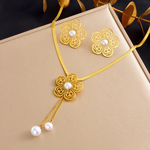 Stainless Steel Jewelry Necklace And Earrings Hollow Flower Artificial Pearl Tassel Snake Chain Gold Fashion Elegant For Women
