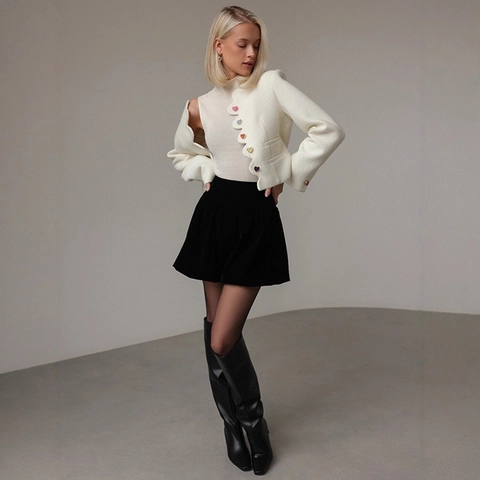 Giacca In Tweed Da Donna Corta Patta Ondulata Bottoni A Cuore Colorati Senza Collo Elegante Stile Vintage