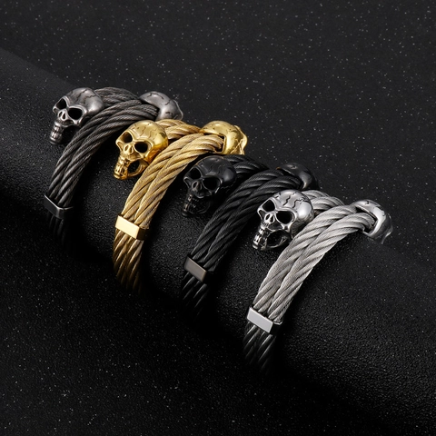 Men Double Skull Head Stainless Steel Cable Wire Bangle Bracelet Punk Gothic Rock Open Cuff Jewelry Gift