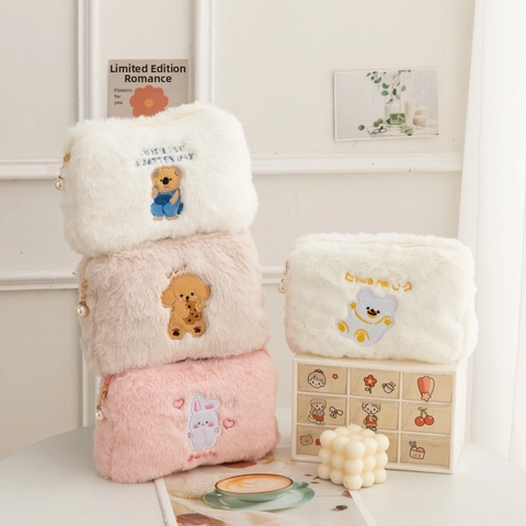Cute Plush Makeup Bag With Cartoon Animal Embroidery And Artificial Pearl Zipper Pull Soft Portable Travel Toiletry Organizer Case