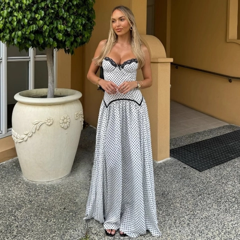 Vestito Maxi A Pois Sexy Spalline Sottili Pizzo Bodycon Vestibilità Aderente Elegante Estate Vacanze Festa Donne