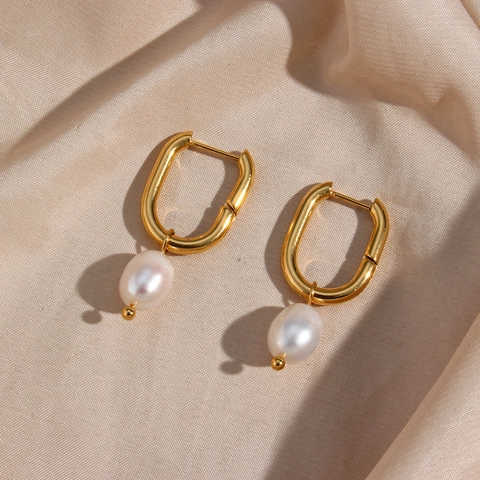 Orecchini a Cerchio a U in Acciaio Inossidabile Placcato Oro 18K Con Ciondolo in Perla Artificiale per Gioielli da Donna
