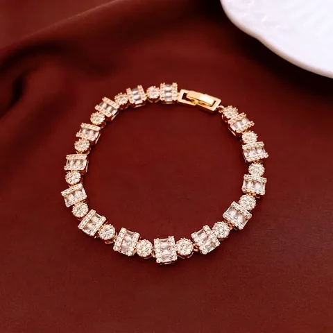 Pulsera Tennis Vintage Cobre Chapado En Oro 18K Zirconia Redonda Rectangular Cierre Plegable Mujeres Elegante