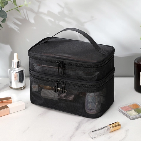 Double Layer Mesh Cosmetic Bag Large Capacity Portable Travel Toiletry Wash Organizer With Handle Zipper Nylon Breathable