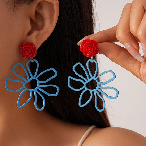 Oversized Hollow Flower Drop Earrings For Women Resin Rose Contrast Color Statement Jewelry With Silver Earring Post