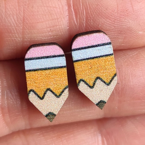 Wooden Stud Earrings Steel Earring Post Pencil Apple Book Rainbow Shape Teacher Gift Cute School Theme Jewelry