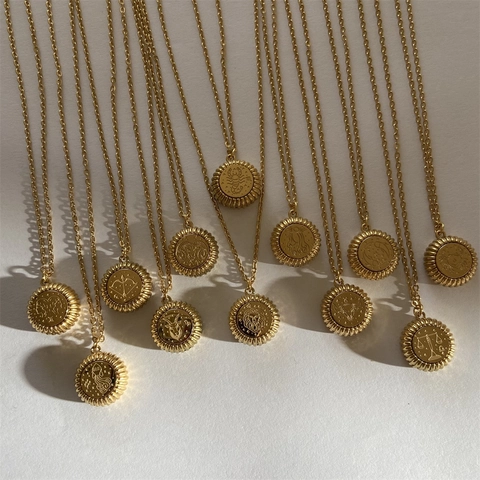 Collier Signe Du Zodiaque Plaqué Or 18K Acier Titane Pendentif Pièce Ronde Constellation Bijoux Rétro Femmes
