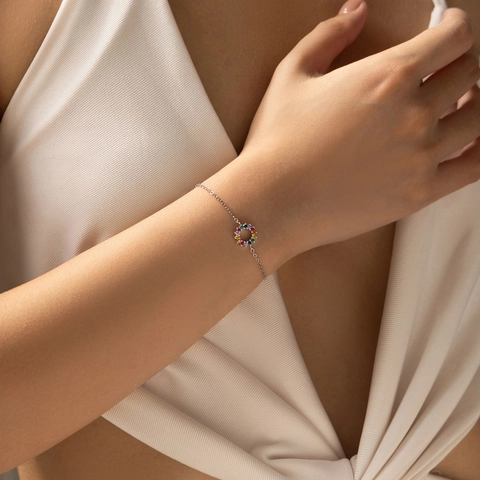 S925 Sterling Silver Rainbow Zirconia Bracelet For Women Korean Sweet Cute Round Circle Pendant Adjustable Chain Jewelry Gift