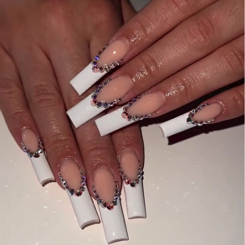 Unghie Finte Lunghe Coffin French Manicure Bianca Strass ABS Unghie Artificiali Per Donne Sposa Matrimonio