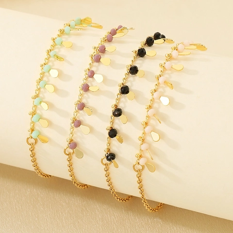 Women Gold Plated Copper Bracelet With Colorful Beads And Water Drop Pendants Bohemian Retro Fringe Hand Jewelry