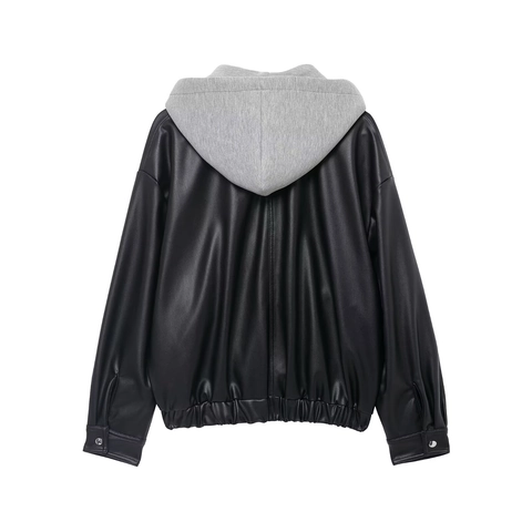 Women Hooded PU Leather Jacket Two Layer Design Grey Knit Hood Zip Up Casual Streetwear Outerwear Fashion Black