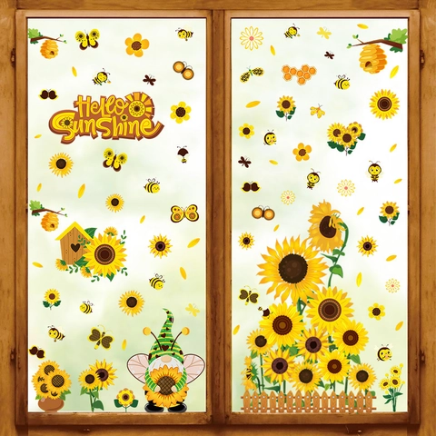 Sunflower Bee Gnome Window Clings PVC Stickers For Glass Decor Spring Theme Hello Sunshine Home Wall Decals