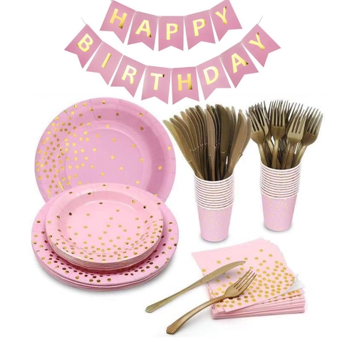 Pink Gold Dot Disposable Party Tableware Set Paper Plates Cups Napkins Cutlery Straws Tablecloth Banner Birthday Decor