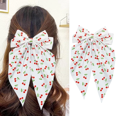 Pinza Para El Pelo Con Lazo Grande Tela Cinta Larga Estampado Cereza Floral Dulce Pasador De Resorte Accesorios Mujer