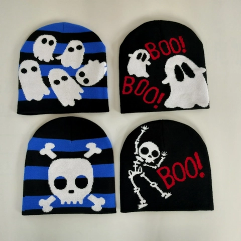 Strickmütze Beanie Acryl Halloween Totenkopf Geist Jacquard Muster Warm Winter Streetwear Hip-Hop Unisex Accessoire