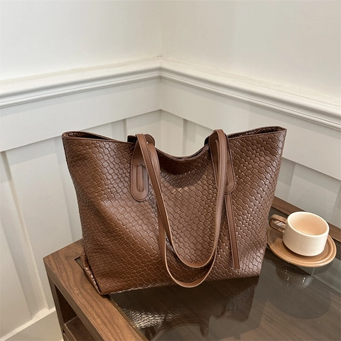 Retro Gewebte Tragetasche Große Kapazität PU Leder Pendler Umhängetasche Für Frauen Vintage Schick