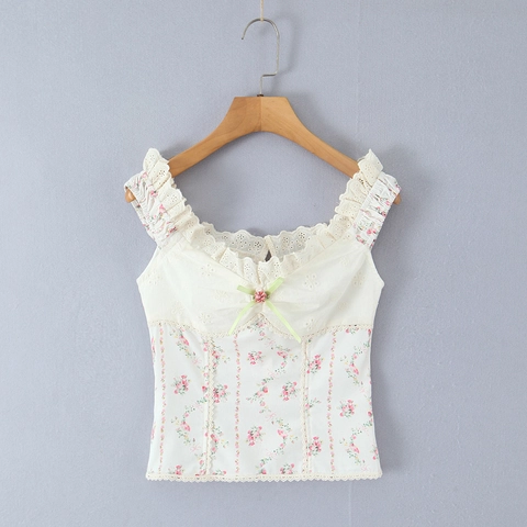 Women Floral Print Camisole Lace Trim Sweet Pastoral Style Sleeveless Embroidery Bow Decor Tank Top Slim Fit