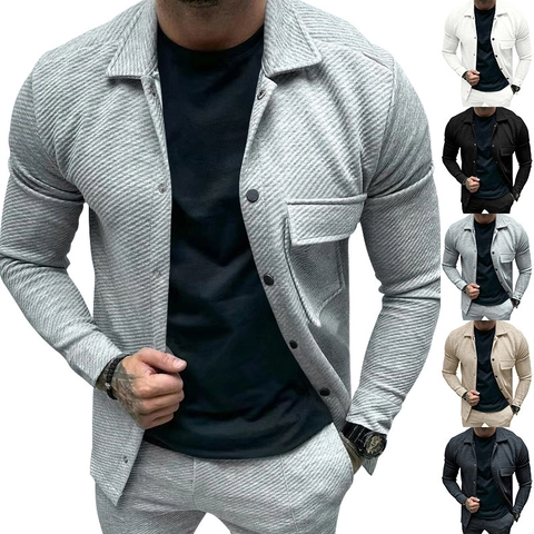 Giacca Camicia Casual Da Uomo In Maglia A Costine Maniche Lunghe Risvolto Monopetto Shacket Con Tasca Sul Petto