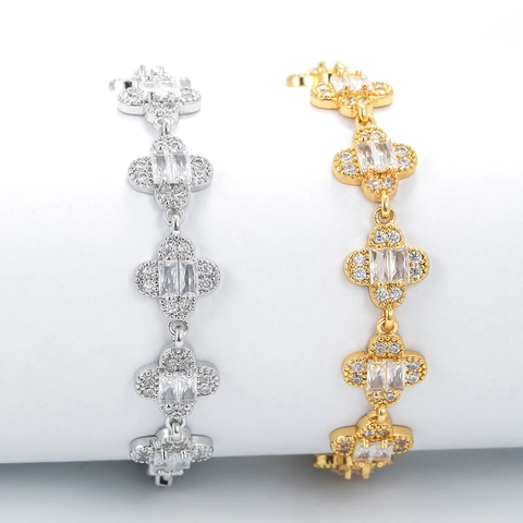Ins Style Minimalist Copper Four-leaf Clover Bangle For Women Elegant Zirconia Inlaid Petal Bracelet Gold Silver Jewelry
