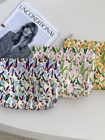 Borsa Per Cosmetici Con Fiori Di Tulipani Pochette Per Trucco In Tela Organizzatore Da Viaggio Portatile Per Donne