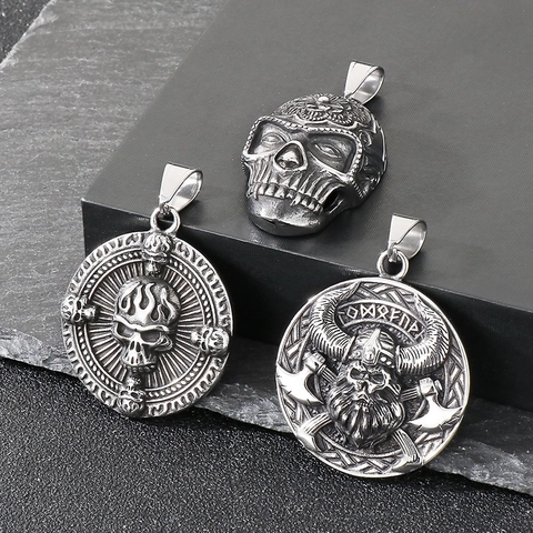 Viking Schedel Hanger Ketting Roestvrij Staal Gothic Punk Noordse Odin Runen Dubbele Bijl Sieraden Voor Mannen