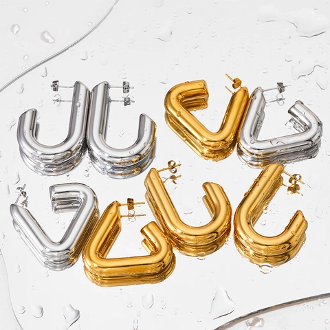 Chunky Triangle And U-Shaped Geometric Hoop Earrings For Women Stainless Steel High Polish Minimalist Hollow Jewelry