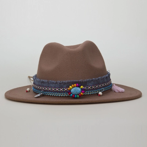 Chapeau Fedora Bohème Feutre Large Bord Plat Bande Ethnique Perles Turquoise Gland Style Jazz Vintage Pour Hommes Femmes