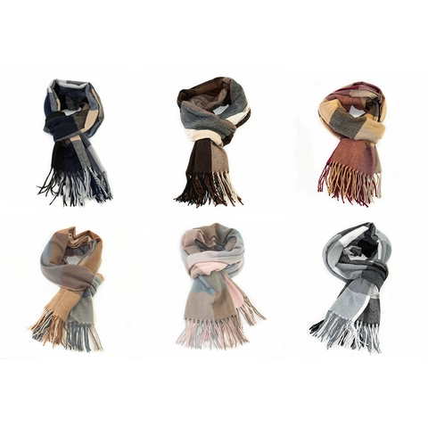 Écharpe à Carreaux Classique avec Glands pour Femmes Automne Hiver Châle en Polyester Chaud Mode Coréenne Foulard à Grille Femme