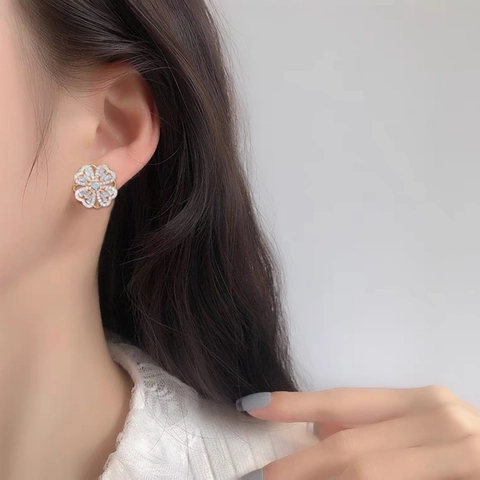 Orecchini a Bottone a Trifoglio Rotante di Moda per Donna Orecchini a Fiore in Rame con Strass Intarsiati Gioielli Eleganti