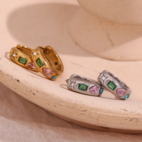Stainless Steel Hoop Earrings With Multicolored Cubic Zirconia 18K Gold Plated Geometric Retro Style For Women