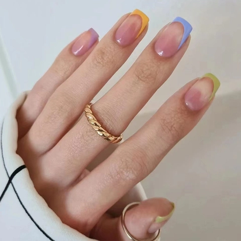Unghie Finte Press On French Tip Colorate Rosa Trasparente Plastica ABS Lunghezza Media Quadrate Tonde