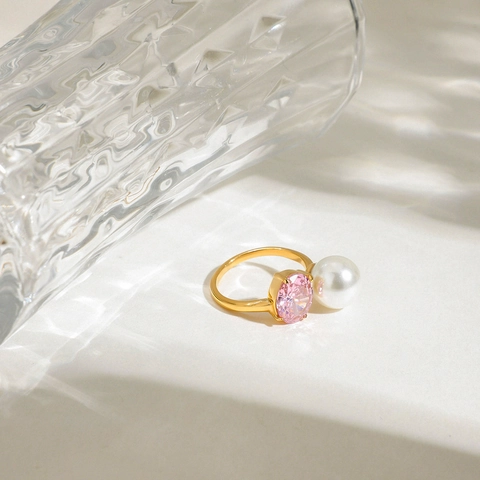 Verstelbare Open Ring 18K Verguld Roestvrij Staal Met Roze Zirkoon En Witte Kunstparel Romantische Sieraden Voor Dames