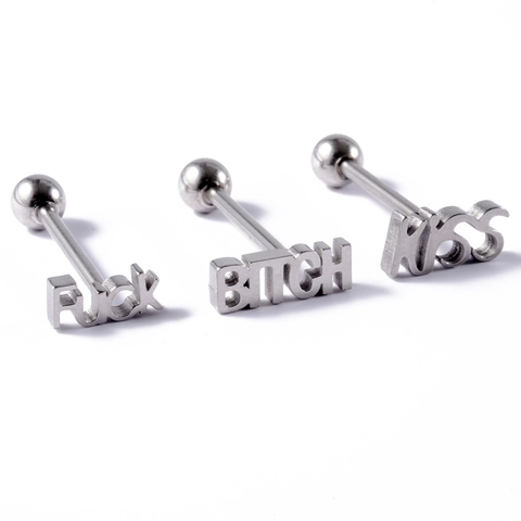 Stainless Steel Tongue Rings Letter Slogan Barbell Punk Body Piercing Jewelry For Men And Women