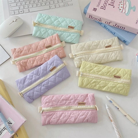 Quilted Rhombus Pencil Case Macaron Color Fabric Stationery Bag With Zipper Student School Office Organizer