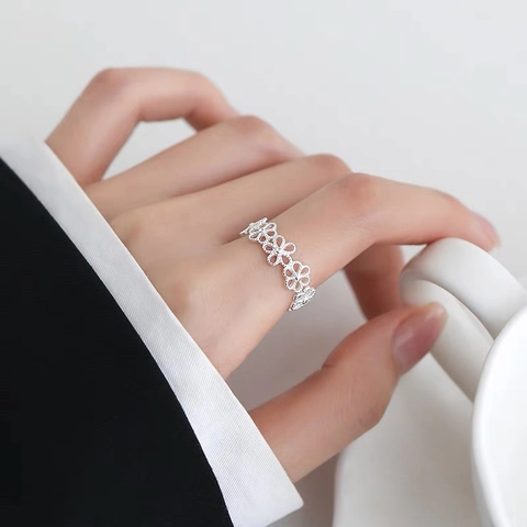 Hollow Flower Open Ring Copper Silver Plated Adjustable Niche Design Vintage Elegant For Women
