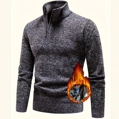 Men Half-Zip Pullover Sweater Thick Fleece Lined Stand Collar Polyester Knitted Jacket Winter Warm Casual Slim Fit