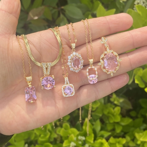 Rosa Zirkon Anhänger Halskette Vergoldete Kupfer Edelstahl Kette Elegante Schlüsselbein Schmuck Für Frauen Romantisches Geschenk Luxus