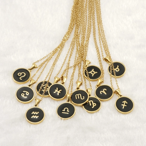 Collana Con Ciondolo Zodiaco Rotondo Placcato Oro 18K Acciaio Inossidabile 304 Smalto Gioielli Di Moda Per Donna