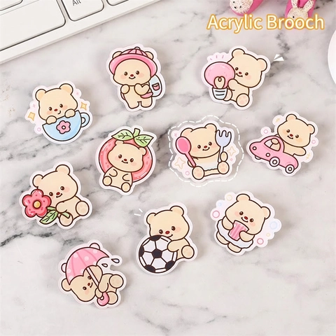 Kawaii Cartoon Bear Brooch Pins Cute Acrylic Badge Decorative Accessories For Clothes Bags Backpacks Students